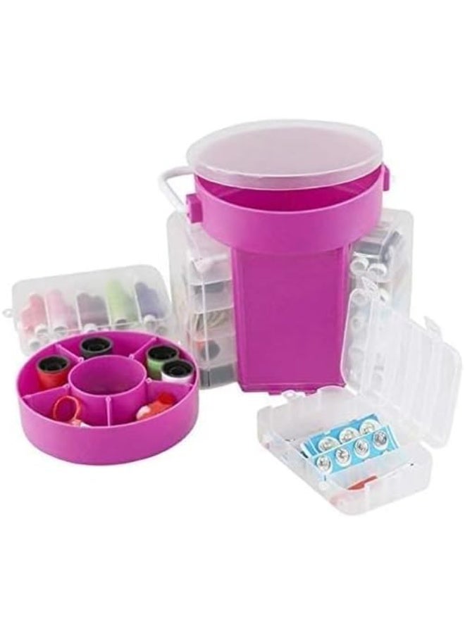 طقم خياطة من ٢١٠ قطعة مع صندوق تنظيم - مجموعة أدوات خياطة بلاستيكية كاملة للمنزل والسفر - فوشيا وشفاف - Image 1